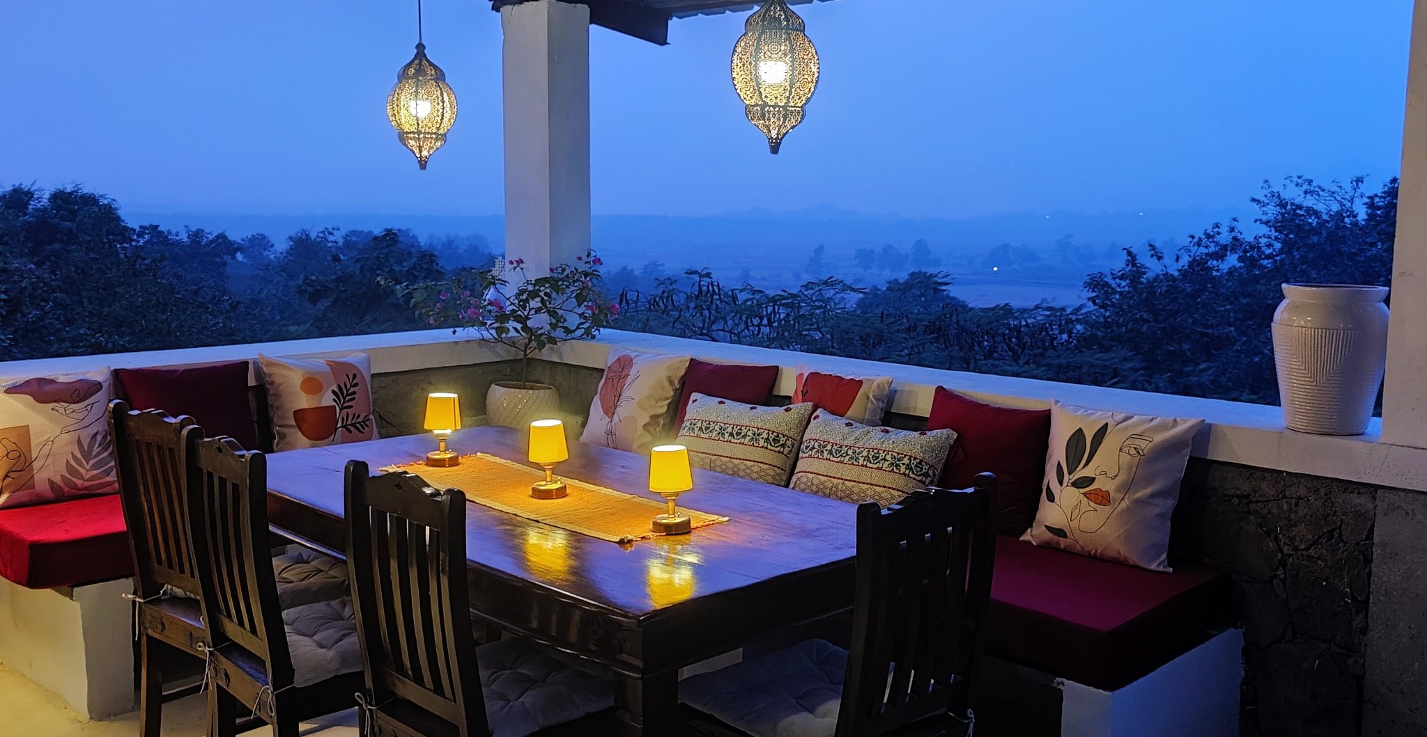 Firefly outdoor dining terrace at blue hour